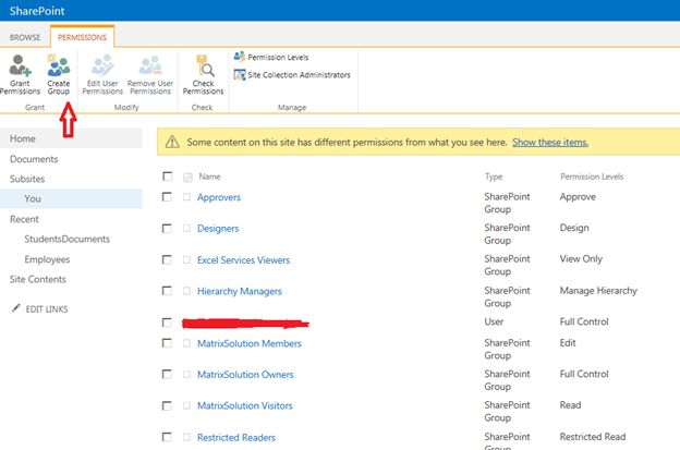 group menu under PERMISSIONS